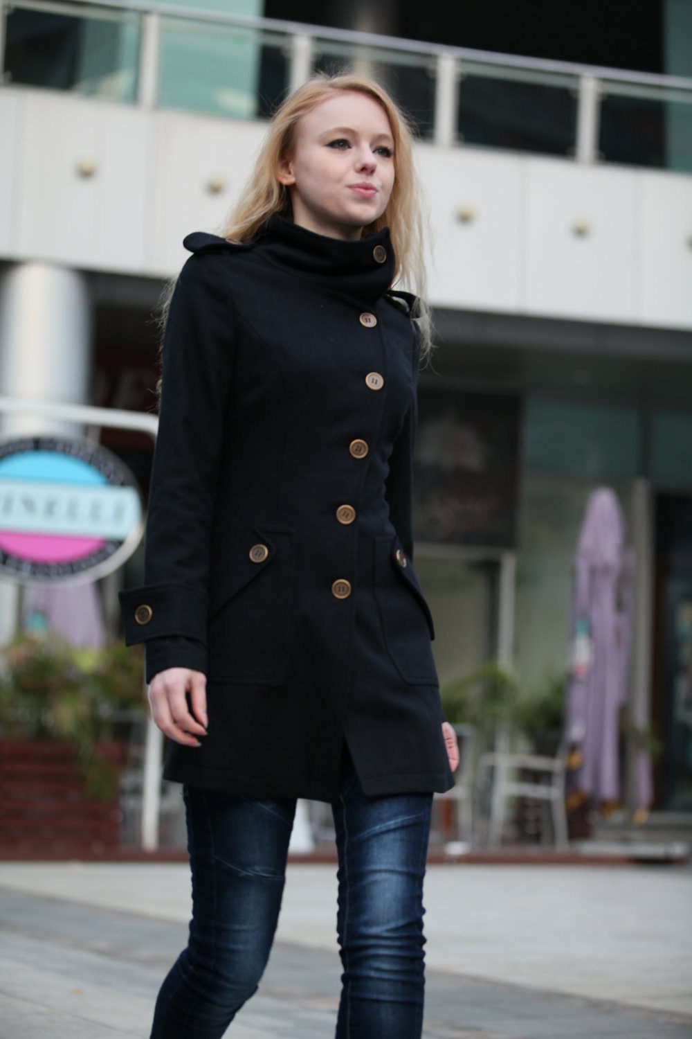 Black Coat Fitted Military Jacket Winter Wool Jacket Casual Cashmere Women Coat - Custom made - NC261