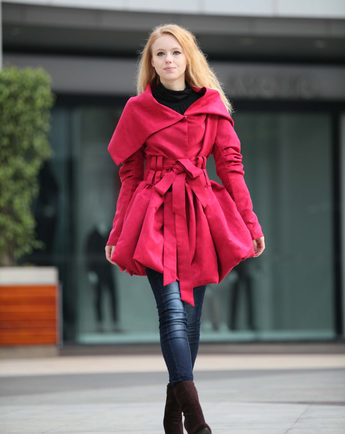 Rose Red Hooded Jacket Fluffy Artificial Suede Leather Hoodie Spring Trench Coat Autumn Coat long sleeves custom Women Tunic - NC266