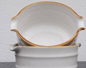 Mid Century Pottery Bowls, Stoneware Imperial Japan, Stone Glaze Tan Trim & Specks White