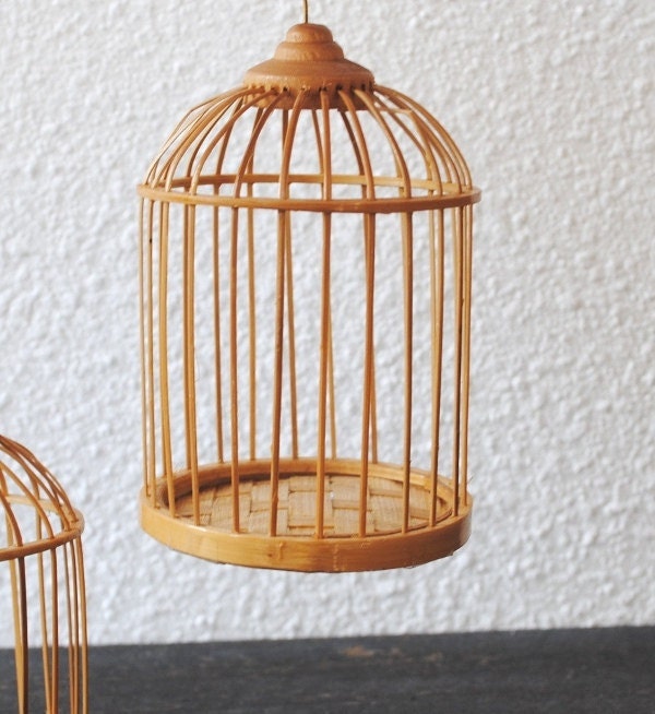 Vintage Wood Birdcages, Small Rattan Dome Bird Cage Pair