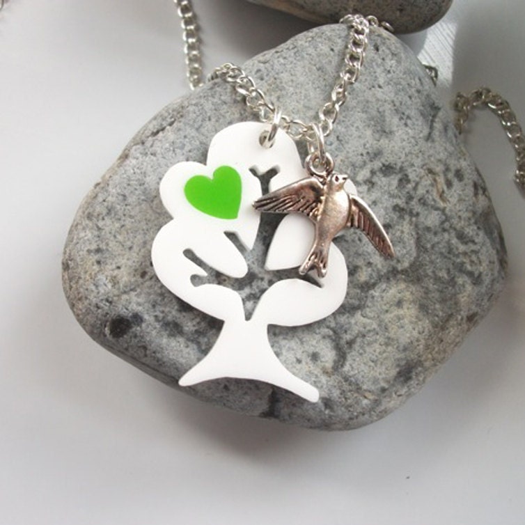 Tree Necklace with swallow charm and interchangeable coloured hearts