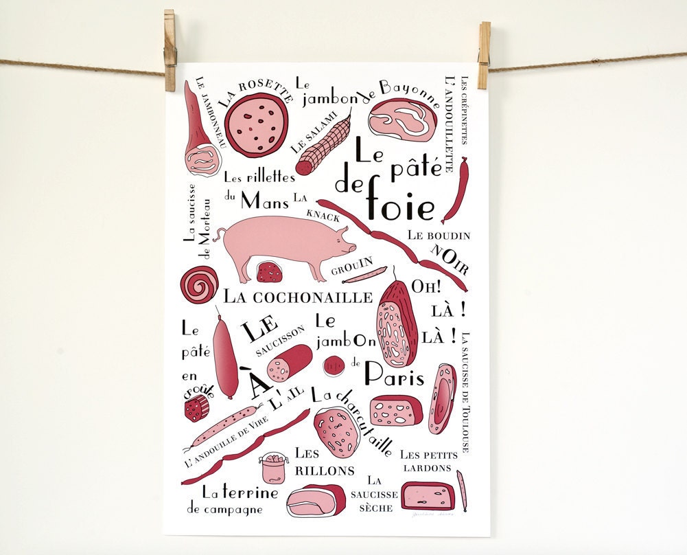 Kitchen Art Poster 'French Cold Cuts' - Food Art Illustration - French meat art 13x19 giclee Fine art print Red Pink Pig Men