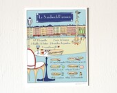French Modern Kitchen Art Print 'Le sandwhich parisien' (Recipe illustration in French) 8x10 Blue