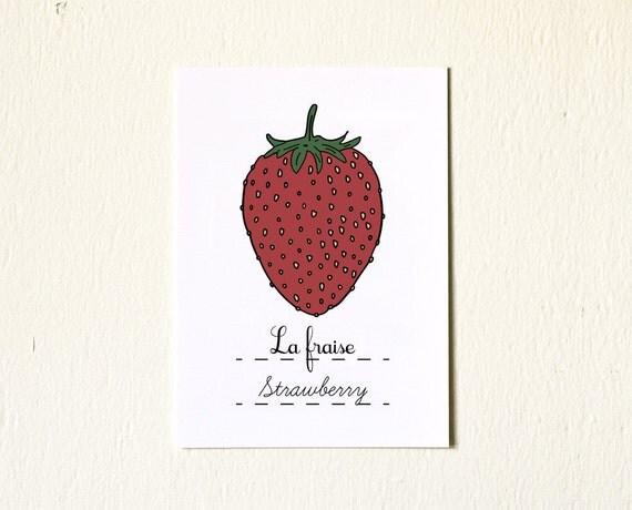 French Nursery Art Red Strawberry 5x7 Print Baby girl - Spring Fruits Series Botanical Chart Nature Food Home decor
