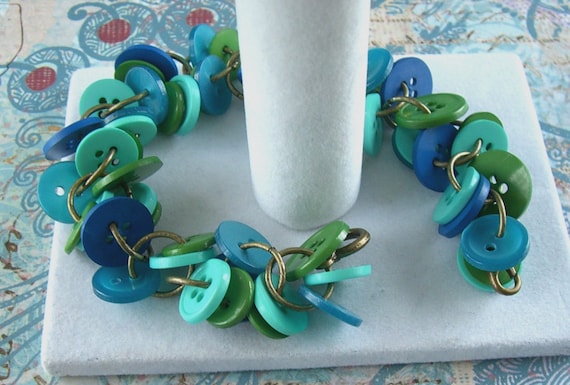 Button Bracelet, Blue, Turquoise, Lime Green, Chunky Bracelet