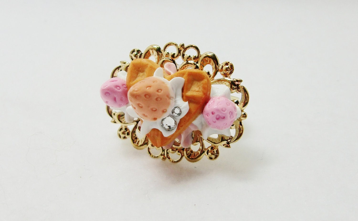 Miniature food polymer clay pastel strawberry cream cookie gold ring