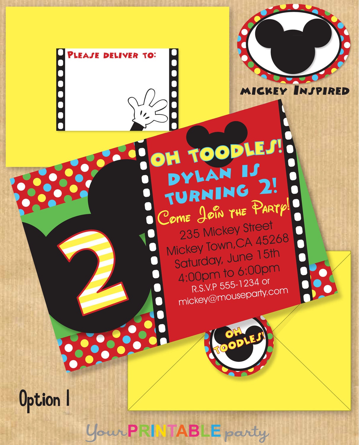 Mickey Mouse Inspired Deluxe Birthday Party INVITATION 5x7" with Address Labels also now includes Envelope Template - Print yourself