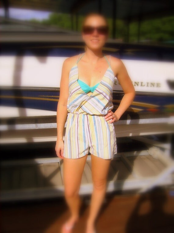 Sunny yellow seersucker striped romper