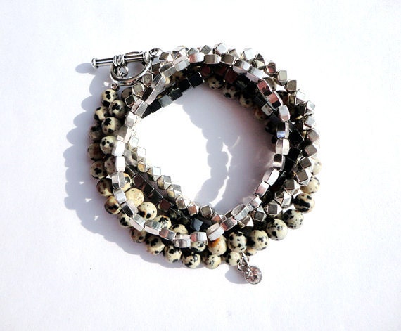 Gemstone Bead Bracelet Set / Dalmatian Jasper & Silver Bracelets / Crystal Charm / Multiple Strand / Toggle Clasp