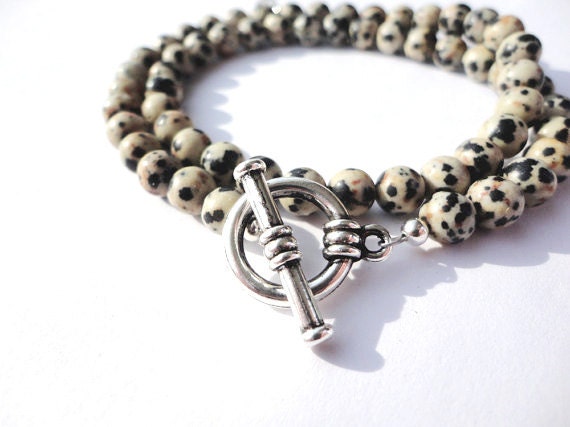 Gemstone Bead Bracelet Set / Dalmatian Jasper & Silver Bracelets / Crystal Charm / Multiple Strand / Toggle Clasp