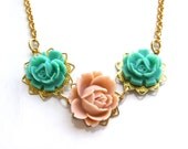 Flower Necklace. Aquamarine and Pink Rose Flower Necklace