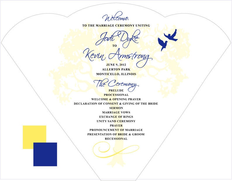 SET OF 25 Elegant Swirls and Love Birds Blue & Yellow Design Wedding Fan custom colors available