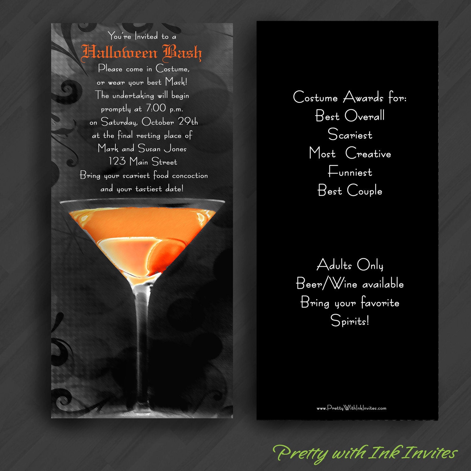 Spooky Martini Halloween Invitations (Shown in Orange and Black)