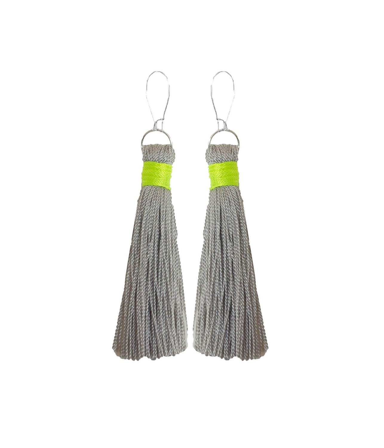 Mini Fringe Tassel Earrings Gray and Neon Yellow