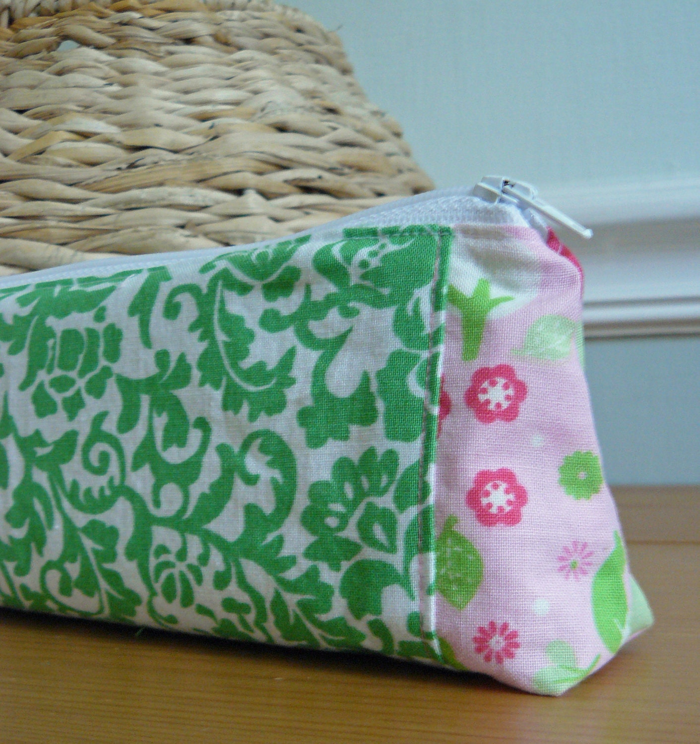 Fabric Makeup Bag - Pencil Case Patchwork Green Damask & Pink Trees