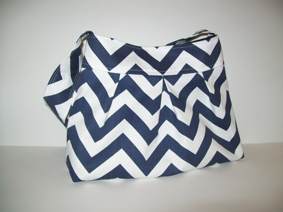 Navy Blue and White Chevron Pleated/Flat Bottom Purse/Shoulder Bag