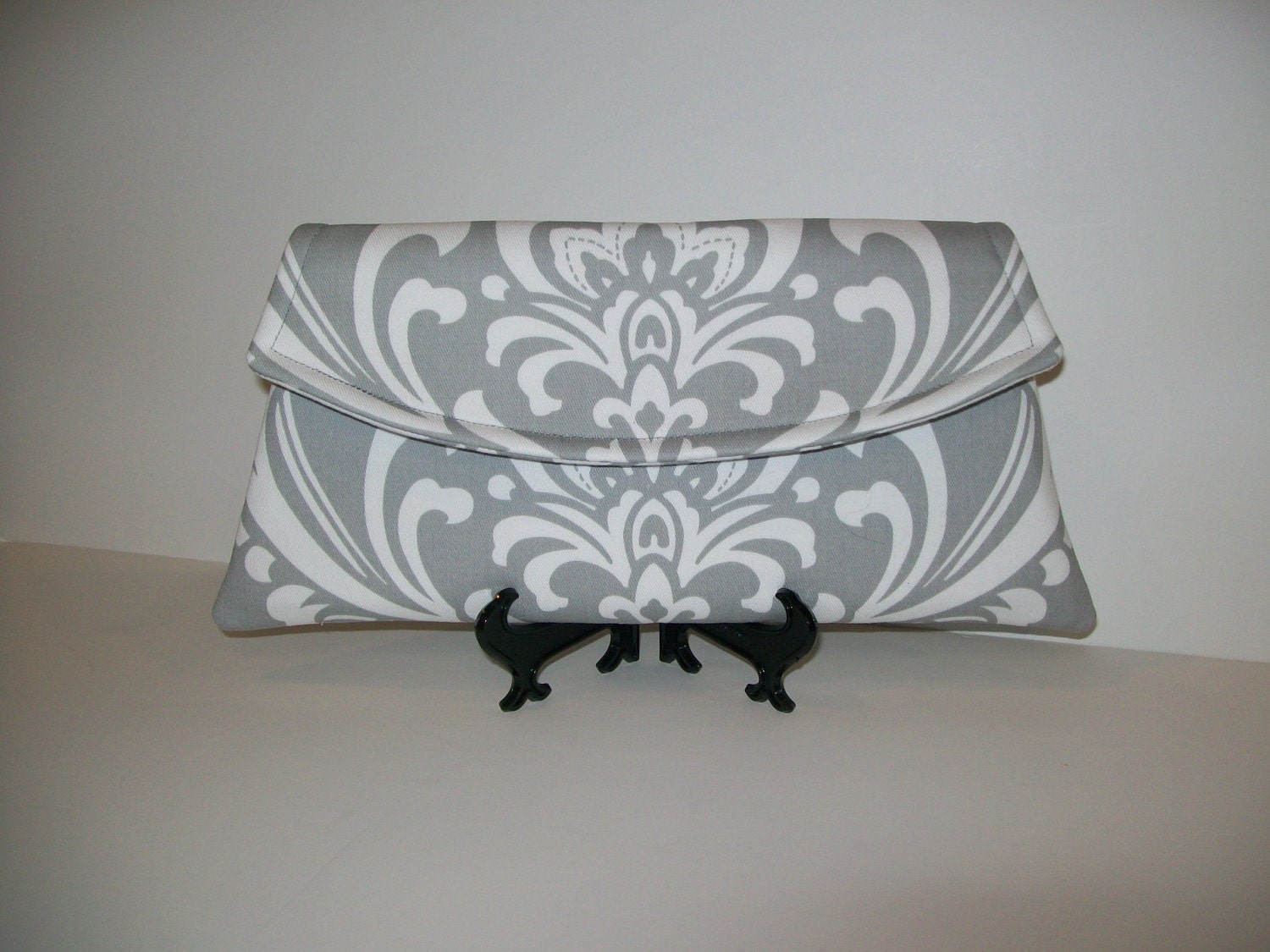 Classic Angled Clutch Gray and White Twill Damask