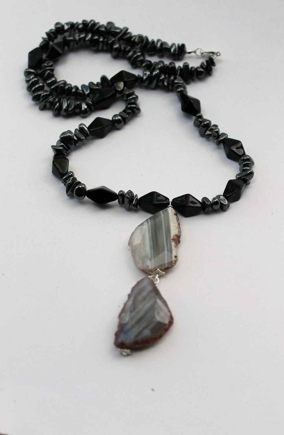 Hematite black glass necklace with natural agate druzy stones silver plate 25" long