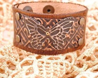 Leather Bracelet Cuff Distressed Embossed Copper and Nickel silver