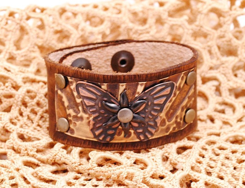 Bracelet Cuff Brass and Copper Butterfly on Distressed Leather