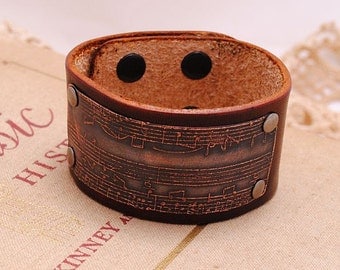 Sheet Music Bracelet Etched Copper and Leather Light Brown