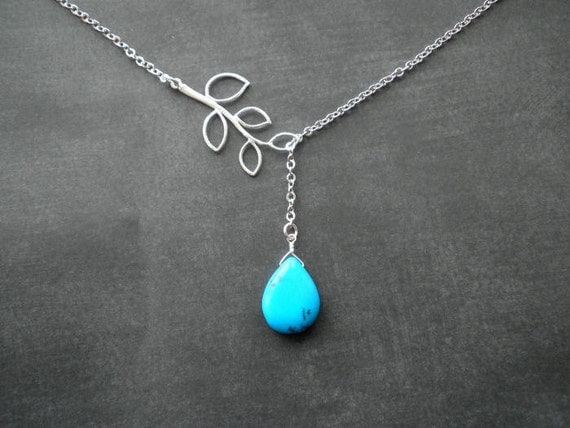 Silver Necklace -- Turquoise and Branch Lariat Necklace