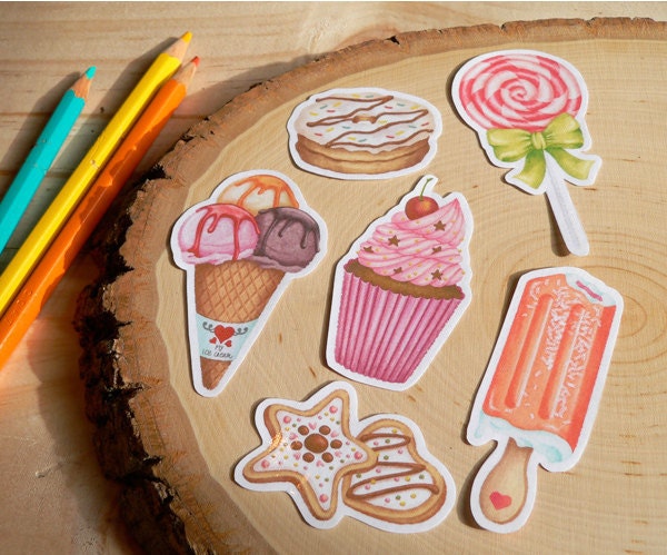 Set of 6 assorted stickers sweets food illustration