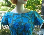 Vintage 1950's Turquoise Paula Brooks Original Blue Floral Dress Viva Las Vegas Eames Mid Century Modern Pattern