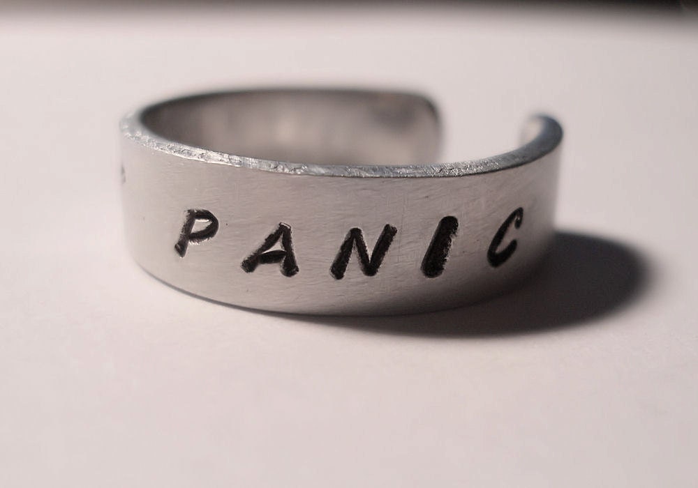 Hitchhikers Guide Ring, "Don't Panic", Aluminum, Hand Stamped