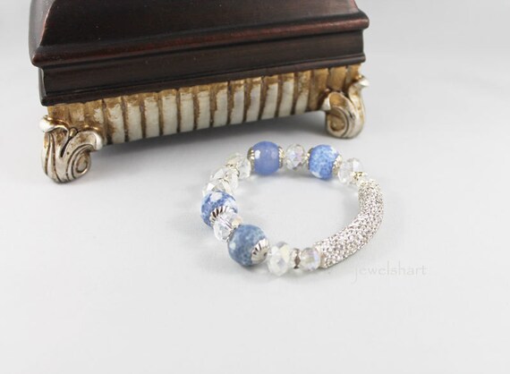 Stretch Bead Bracelet, Blue Agate, Bling Rhinestone Bracelet, Stretchy Bracelet Fashion Jewellery