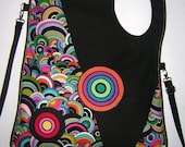 2in1 LARGE CANVAS BAG  sling  purse diaper cross body bag -Messenger Bag-gym tote- mixed fabric  Black-Colorful-Rainbow   with Circles
