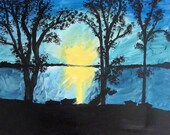 Night on Lake Water, Acrylic on Canvas, Abstract or Primitive