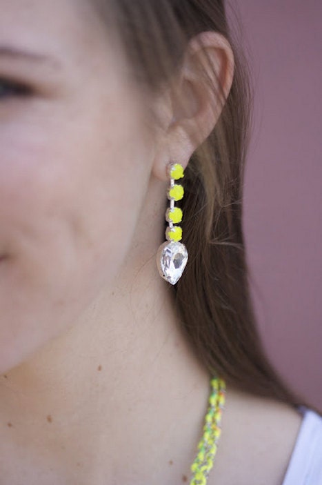 Stunning Neon Yellow Crystal Teardrop Earrings