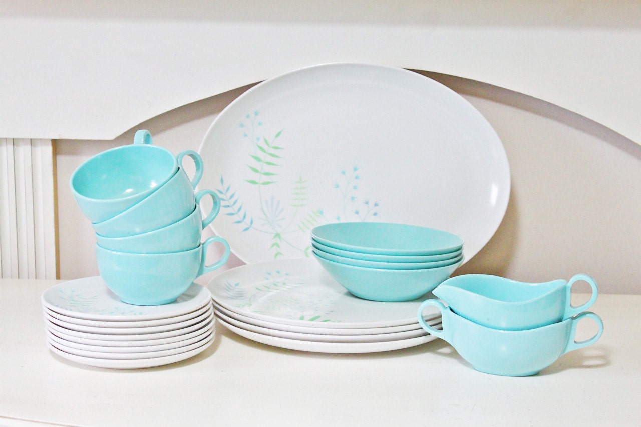 Retro Set of Melamine or Melmac Dishes in Aqua Turquoise Blue and White