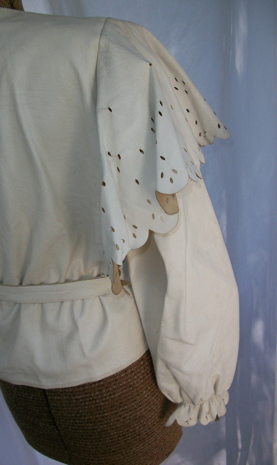 Vintage Italian White Leather Eyelet Ruffle Trim Jacket