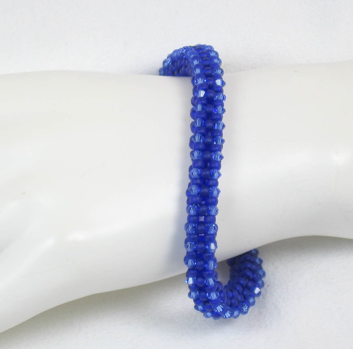 Blue Beaded Bangle Bracelet Cobalt Sapphire Flexible Swarovski Crystal Royal Azure Sky Persian Cornflower