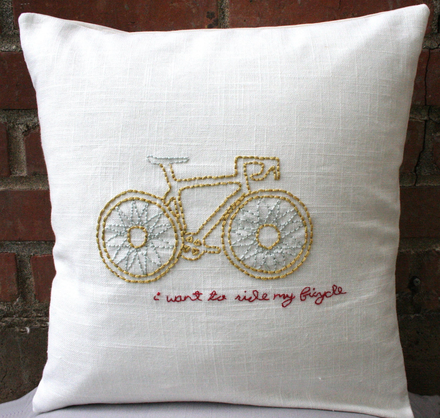 Pillow Cover - Bicycle, Bicycle - Hand-Embroidered on Linen Accent Pillow