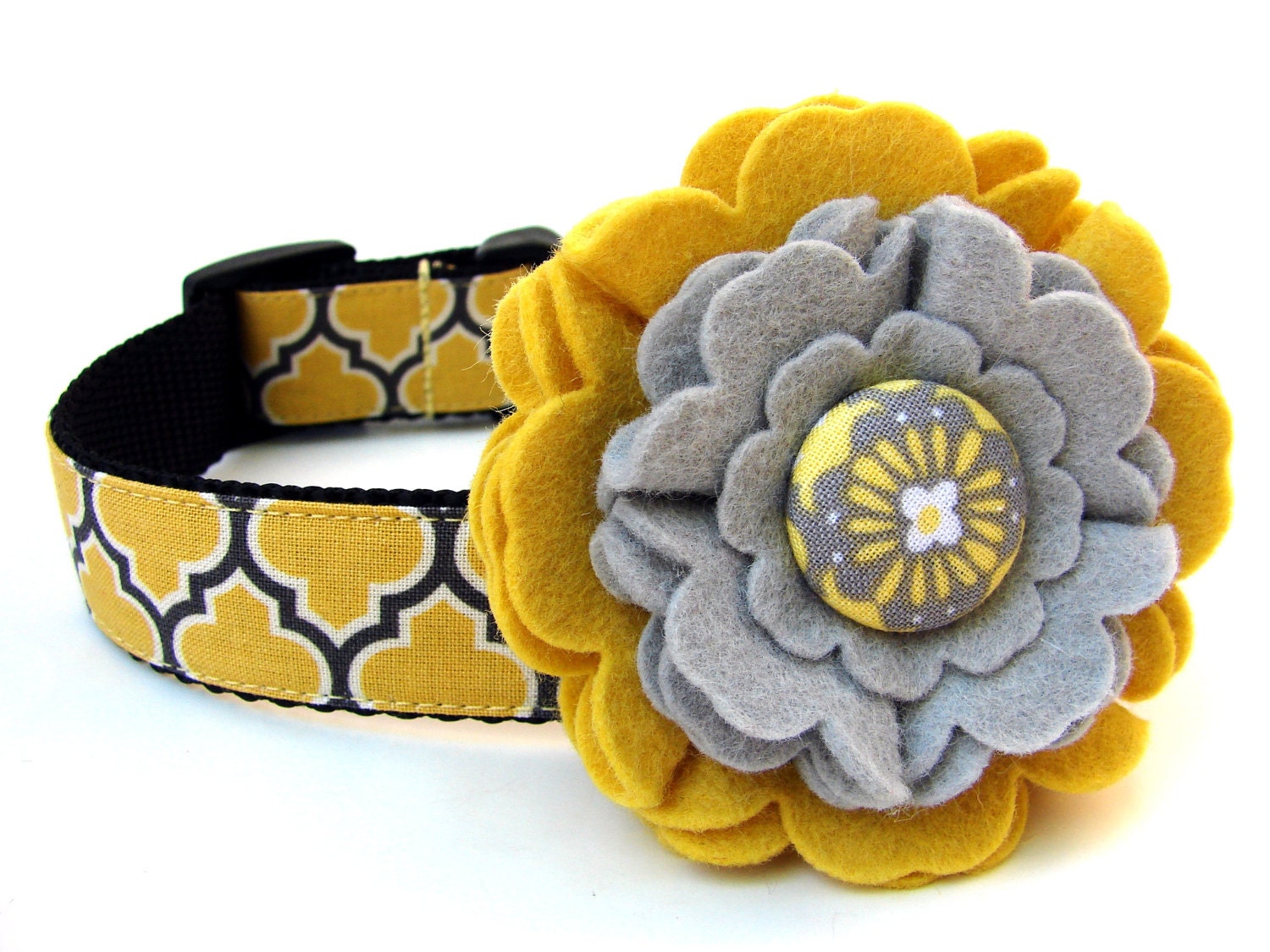 Dog Collar Flower Add-On Yellow and Grey Felt Dog Collar Flower