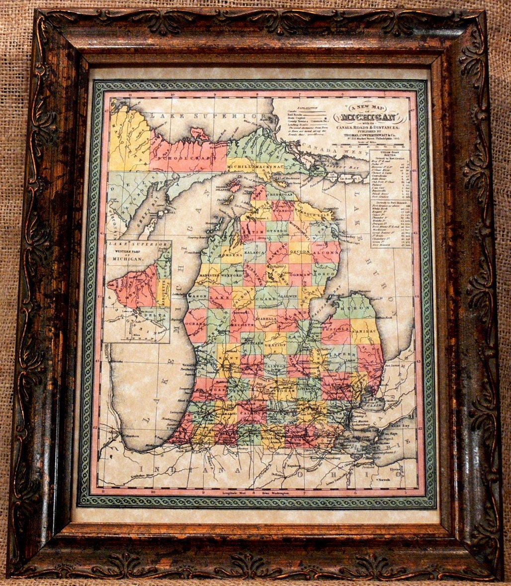 Michigan State Map Print of an 1853 Map on Parchment Paper
