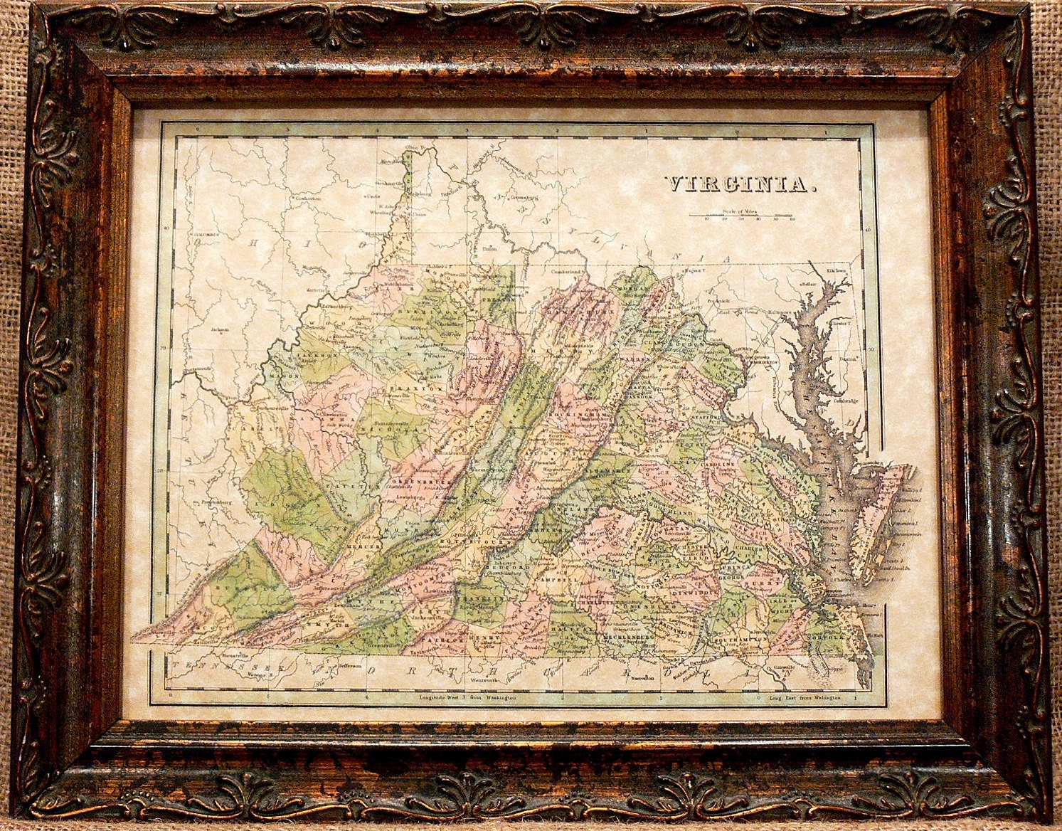 Virginia State Map Print of an 1838 Map on Parchment Paper