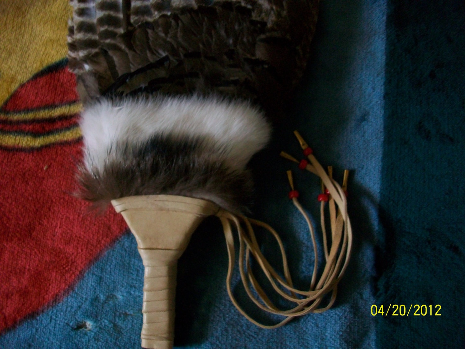 Handmade Turkey Fan with Rabbit and Raccoon Fur and Leather Wrapped Handle - Native American - FREE SHIPPING