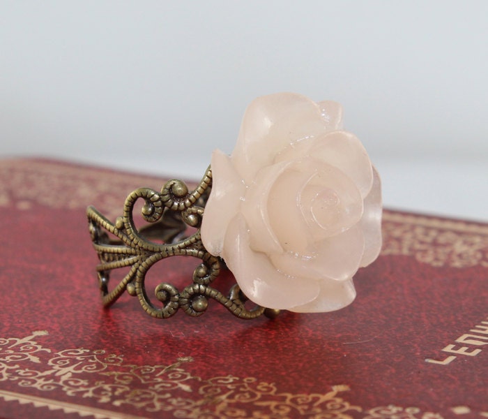 Vintage Transparent Pink  Rose  Resin Ring