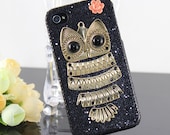 Cute Antiuqe Golden Owl  resin flower with Shining Black Hard Case Cover  ----for Apple 4 Case, iPhone 4s Case, iPhone 5case,iphone 5 cover