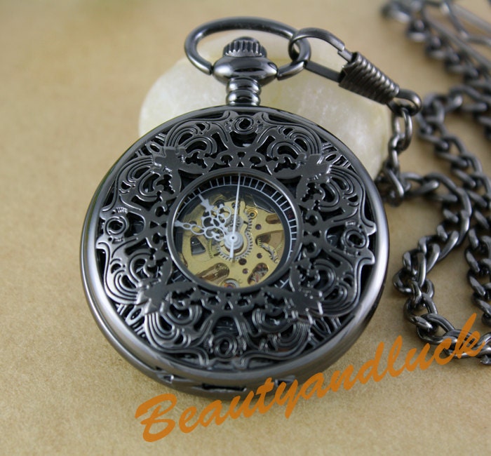 Black Archaize Pocket Watch with Watch Chain - Steampunk Victorian Vintage Style
