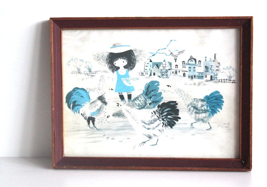 Bold vintage retro nursery art print/ summer girl houses home / 60s 1960s 50s 1950s / blue petrol grey black / wooden teak photo frame