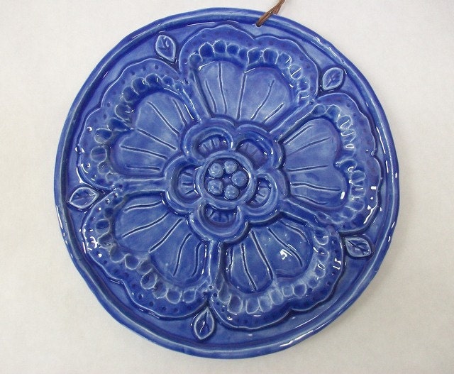 Ceramic Rose Medallion Relief Art Tile -- Medieval Rose -- French Blue Glaze -- Decorative Accent