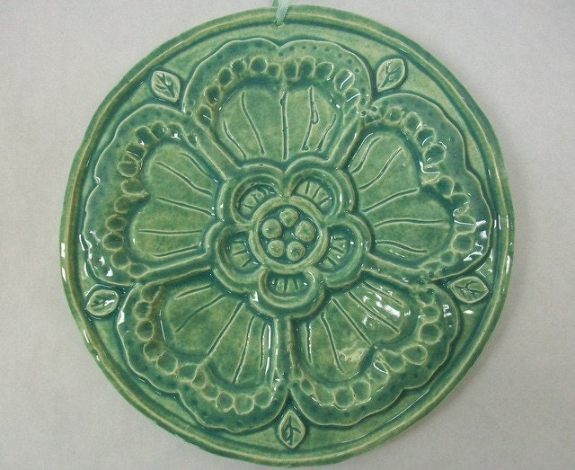 Ceramic Rose Medallion Relief Art Tile -- Medieval Rose -- Pottery Patina Glaze -- Decorative Accent