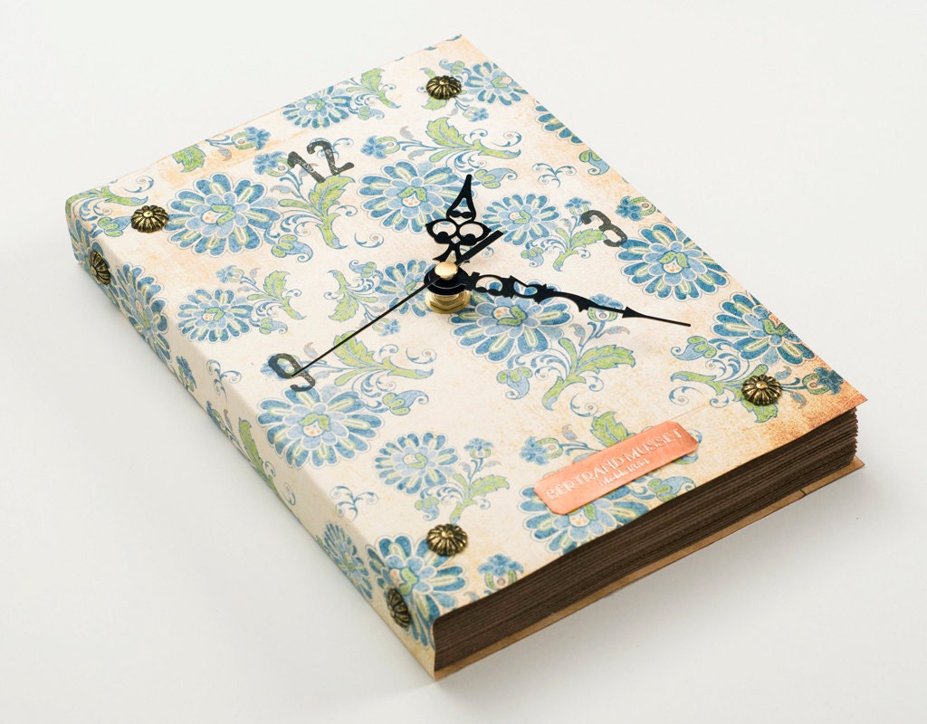 Book Wall Clock -Blue Flowers- vintage inspired, copper and nails
