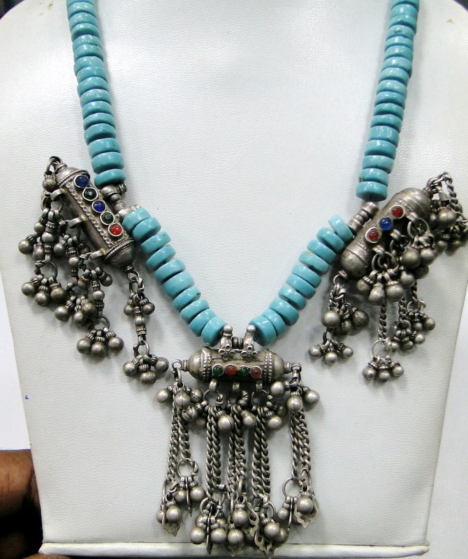 Vintage tribal antique ethnic Turquoise bead silver prayer box pendant silver - 7436