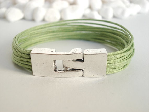 Apple green cotton bracelet. Silver clasp